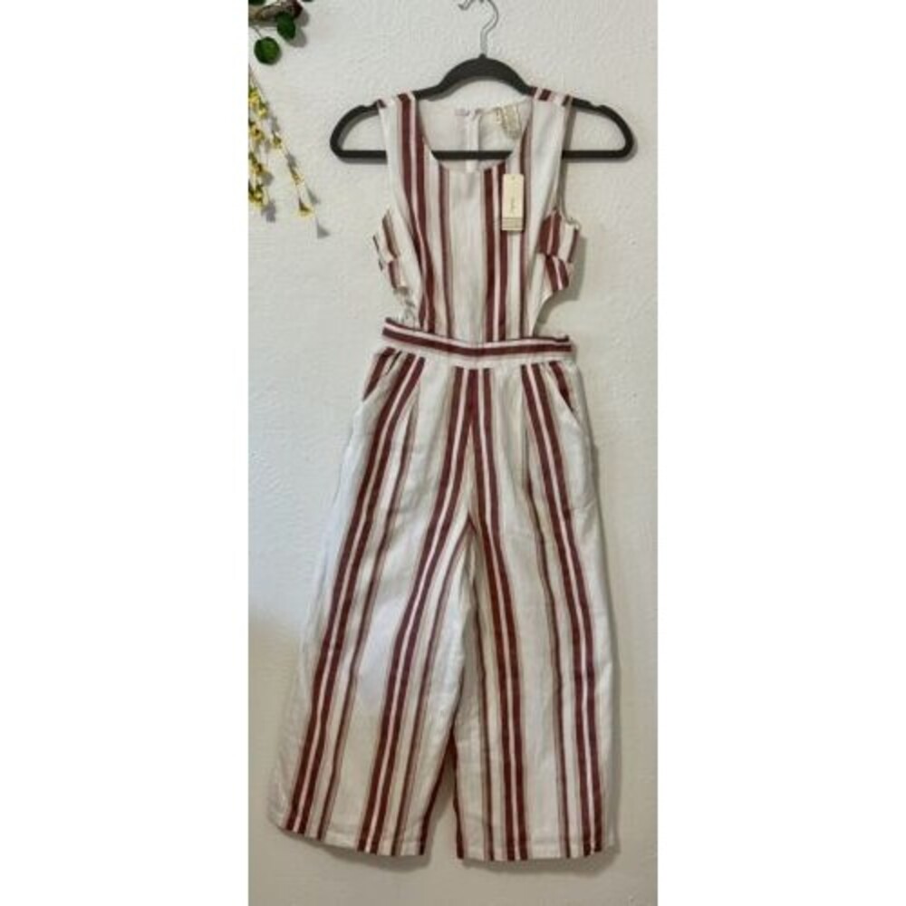 NWT Japna Women Size XS Wide Leg Striped Cutout Linen Blend Jumpsuit Boho